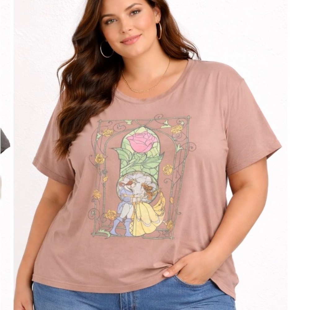 Disney 100% Cotton Mauve Short-Sleeve Graphic Tee Beauty & the Beast Artwork XL